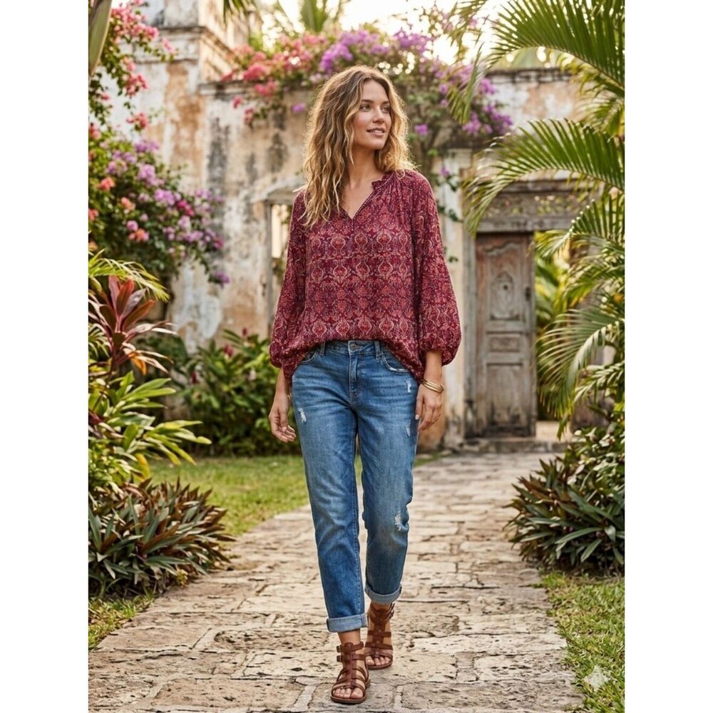 Max Studio Burgundy Paisley Balloon Sleeve Chiffon Blouse Size Large